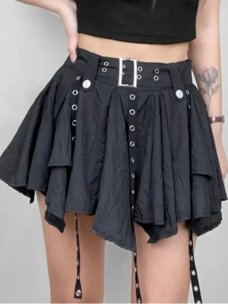 Lunivop Women Crumpled Layer Mini Skirt with Belt Strap Elastic Back Asymmetrical Short Skirt Grunge e-Girl Y2K Acubi Outfit