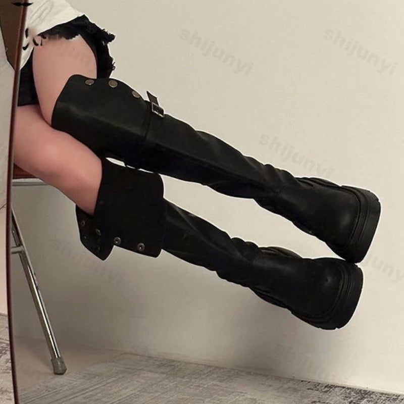 Lunivop New Autumn Winter Platform Women Over The Knee High Boots Fashion Buckle Slip on Thick High Heel Casual Long Botas De Mujer