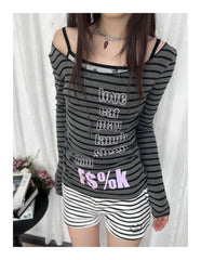 Lunivop Gothic Vintage T-shirt Women Long Sleeve Striped Print Graphic Tops Y2k Japanese 2000s Grunge Tops Streetwear Tshirts