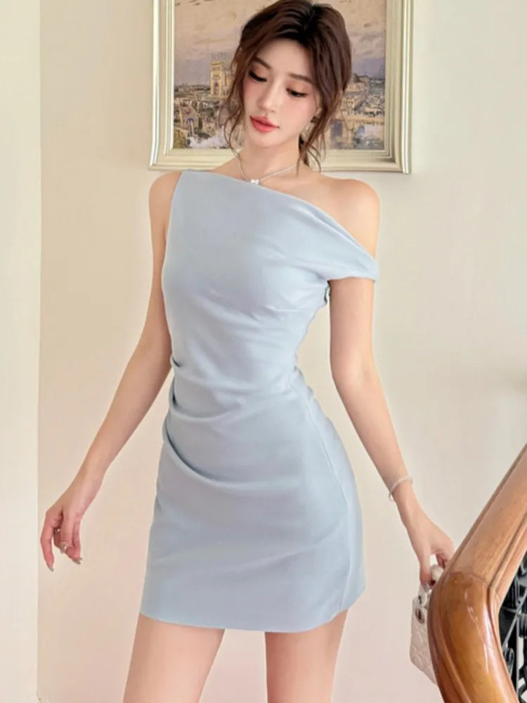Lunivop Elegant Solid Bodycon Evening Party Dresses Fashion Diagonal Collar Off Shoulder Prom Vestidos Summer Korean Female Clothing
