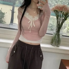 Lunivop Lace Patchwork Ropa Mujer Camisetas Fake Two Piece Lace-up Bow Slim Waist Hotsweet Long Sleeve Tshirts Y2k Women Tees Pink