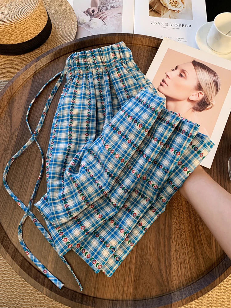 Lunivop Floral Sweet Plaid Pant Women Vintage Loose High Waist Casual Straight Trousers Summer Retro Korean Female Wide Leg Pants