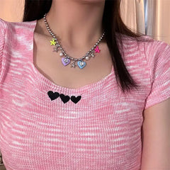 Lunivop Kpop Goth Y2K Colorful Star Heart Pendant Bead Necklace For Women Street Hip Hop Aesthetic Vintage Punk EMO Jewelry Accessories