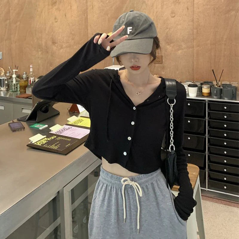 Lunivop Rimocy Summer Knitted Hooded Cardigan Women Korean Streetwear Single Breasted Crop Tops Woman Solid Long Sleeve Knitwear Top