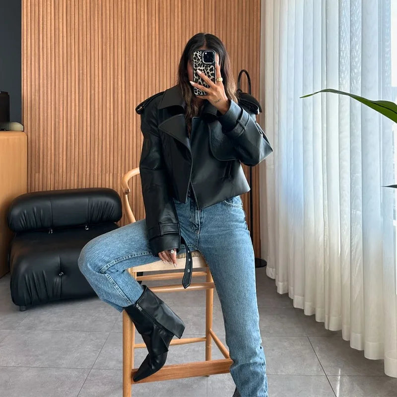 Lunivop Casual PU Leather Cropped Short Jackets Women Chic Solid Turn-down Collar Jacket Female Autumn Loose Moto-biker Streetwear Tops