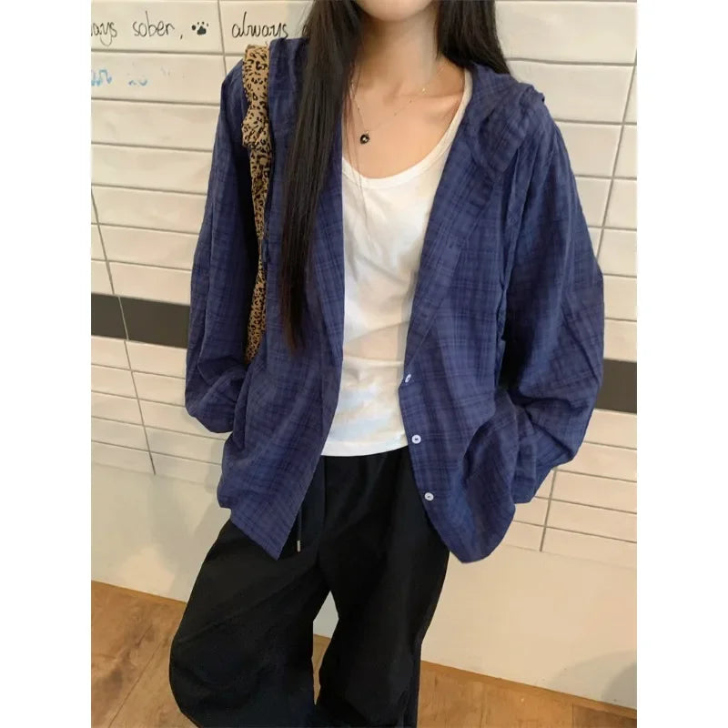 Lunivop High Street Contrast Color Plaid Loose Long Sleeve Shirt Women Autumn New Korean Fashion All-match Drawstring Hooded Tops