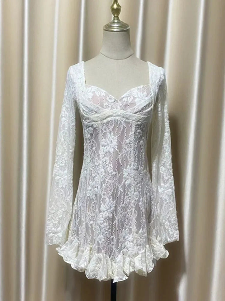 Lunivop Fashion Lace Dress Women's Square Collar Long Sleeve Backless Casual Dresses 2025 Summer New Tide