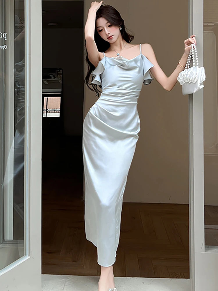 Lunivop  Women Solid Satin Chic Ruffled Lace Sling Long Dress Korean Vintage Luxury Dance Party Dress Summer Elegant Bodcyon Dresses
