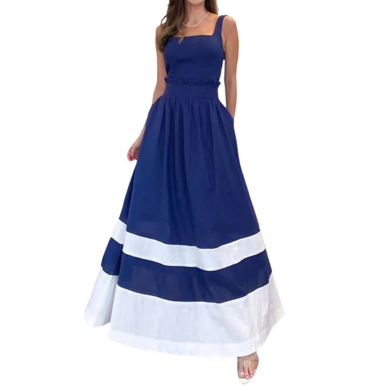 Lunivop   Female Navy Beach Dress Fashion Casual Slash Neck Spaghetti Straps Summer Sleeveless High Waist Street Long Sundress