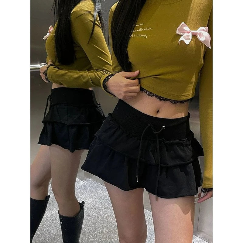 Lunivop Sweet Kawaii Ruffle Mini Skirt Korean Style Cake Lace Up Layered Skirts Elegant Sexy Casual Patchwork Solid Short Skirt