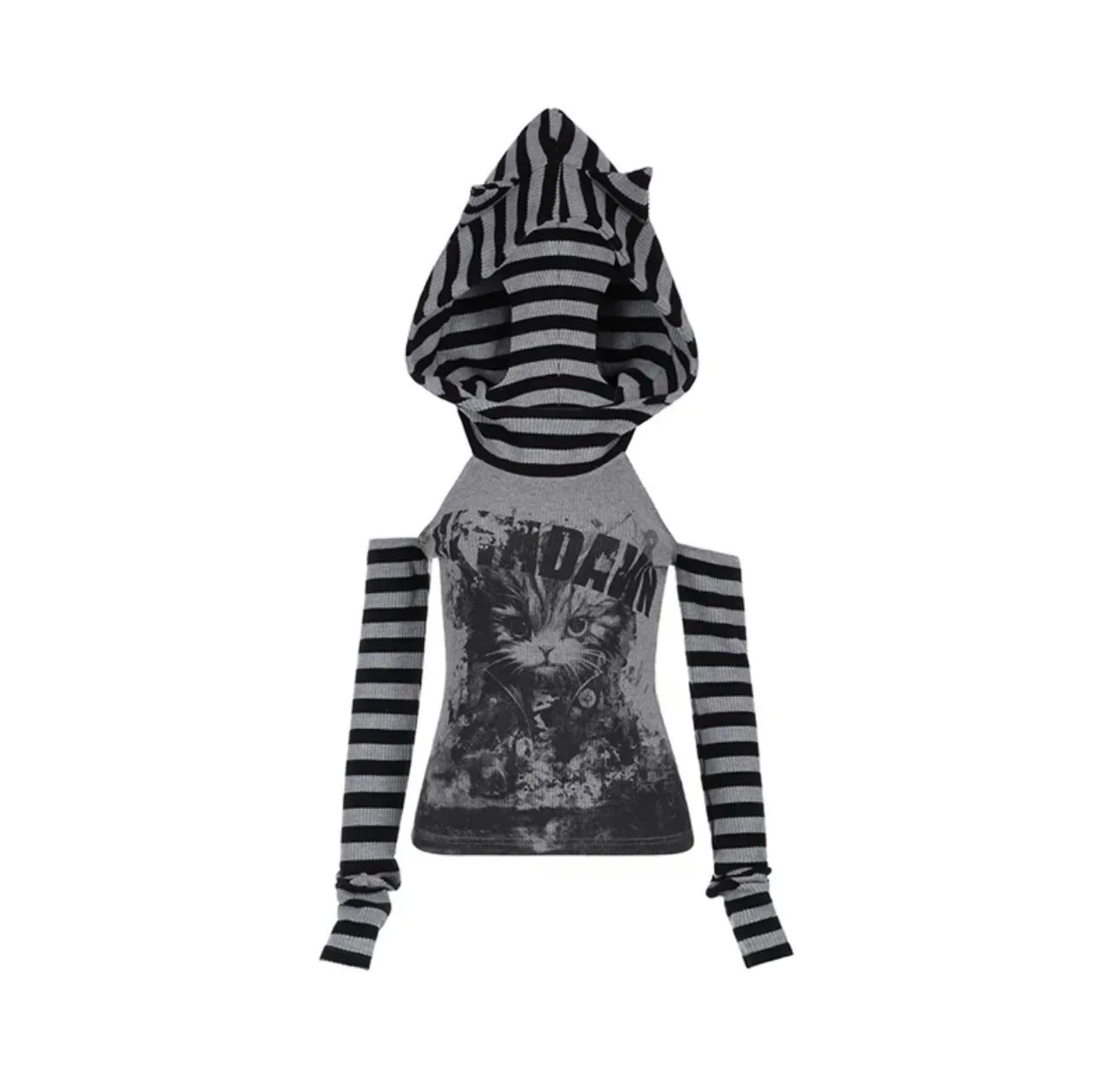 Lunivop Japanese Striped Patchwork Hoodie for Women Gothic Retro Cat Print Hollow Slimming Pullover Harajuku Style Dark Punk Top