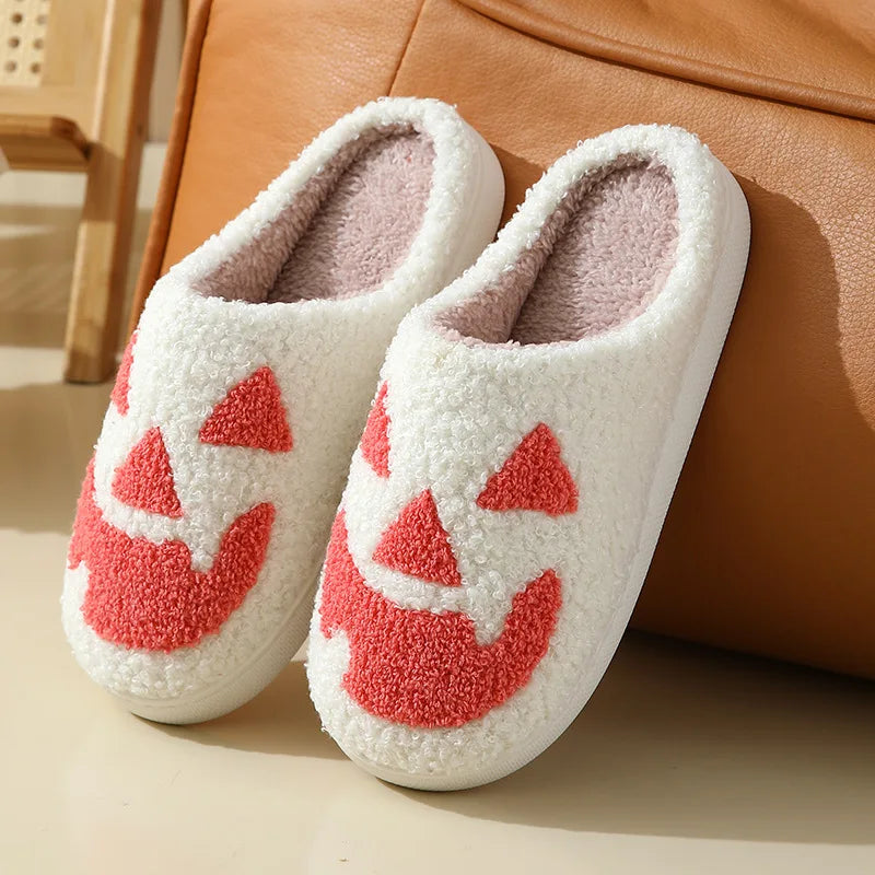 Lunivop Winter Halloween Ghost Face Pattern Cotton Slippers for Men Women Home Flats Non-slip Warm Funny Cartoon Cotton Slipper