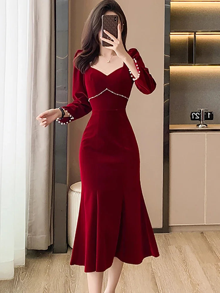 Lunivop  Women Red Velvet Elegant Christmas Dress Autumn Winter Chic Diamonds Square Collar Luxury Dress Korean Vintage Night Dress
