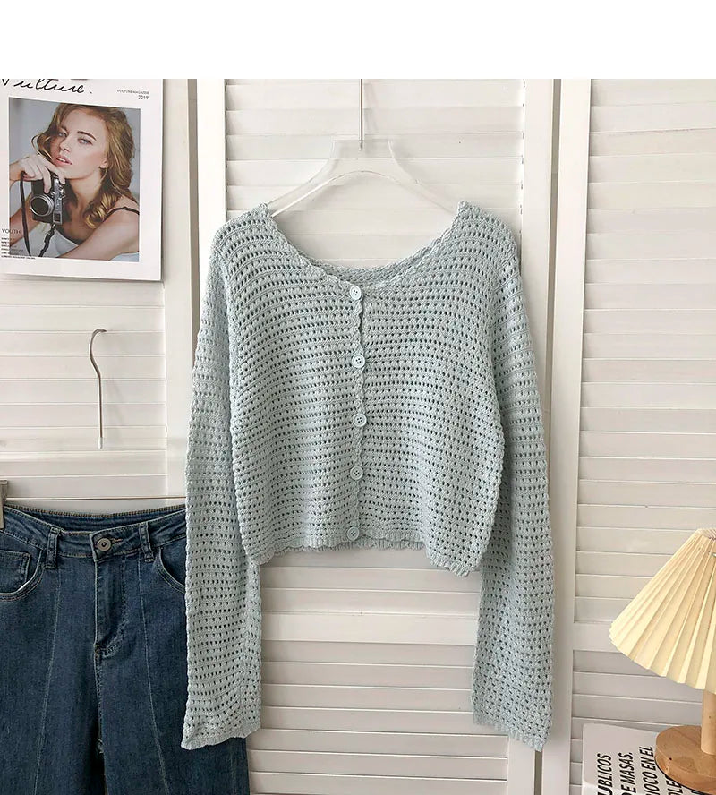Lunivop Crochet Cardigan for Women Sheer Openwork Knit Long Sleeve Button Up Crop Top Teen-girl Shrug Cardigan Autumn Spring Y2K Outfit