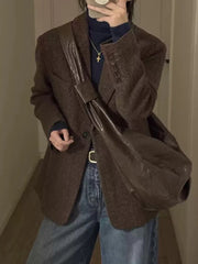 Lunivop Retro Faux Woolen Blazer Coat Women Harajuku Long Sleeve Fall Winter Y2K Jacket Streetwear American Casual Lady Suit Coat