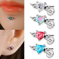 Lunivop  1Pc Flat Back Lip Ring Stud Stainless Steel Low Allergy Angel Wing Heart CZ Cartilage Tragus Earring Piercing Jewelry
