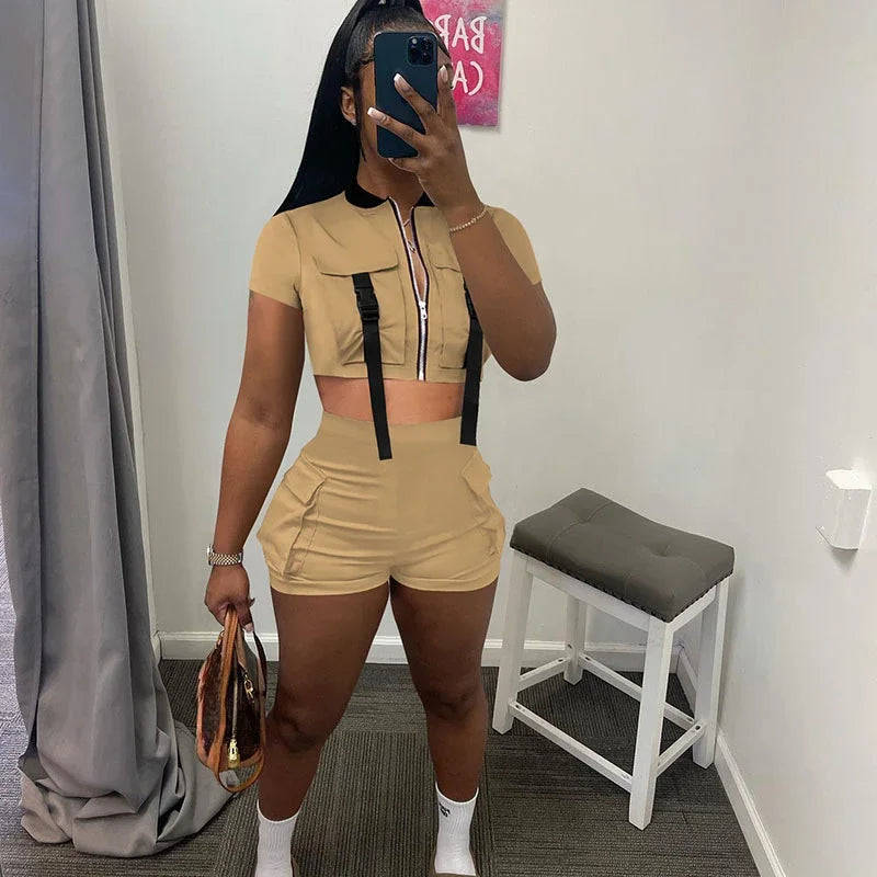 Lunivop  Active Wear Pockets Short Sets Womens 2 Piece Outfit Sporty Fitness Zipper Crop Top and Shorts Casual Tracksuit Conjuntos Curtos