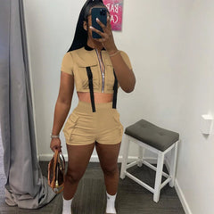 Lunivop  Active Wear Pockets Short Sets Womens 2 Piece Outfit Sporty Fitness Zipper Crop Top and Shorts Casual Tracksuit Conjuntos Curtos