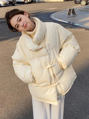 Lunivop Cute Preppy Style Sweet Puffy Parkas Women Loose Vintage Long Sleeve Cotton Coat Casual Stand Collar Winter Warm Thick Jacket