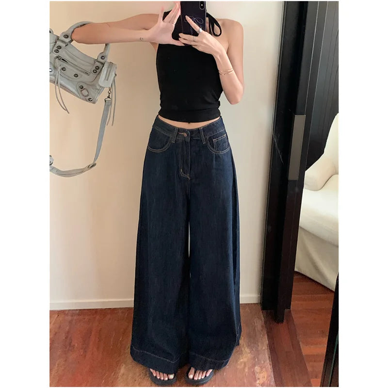 Lunivop Blue Women Jeans High Waist Vintage Straight Baggy Denim Pants Streetwear Y2K American Style Fashion Wide Leg Denim Trouser