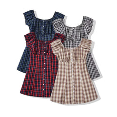 Lunivop  CHIC Contrast Color Plaid Open Buttons Slash Shoulder Mini Dress Women Short Sleeve Slim Waist Dresses Holiday Robe Femme