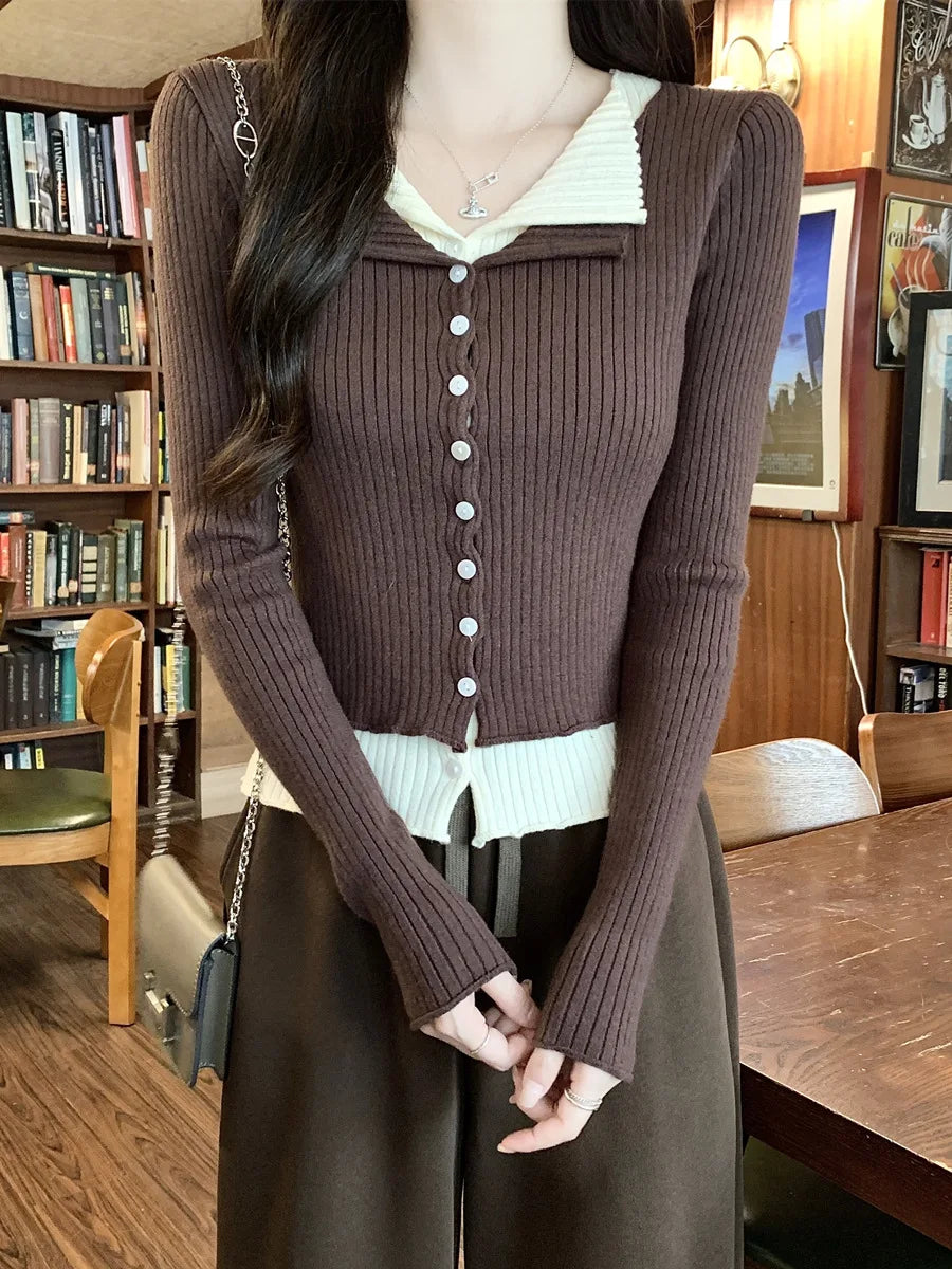 Lunivop V-neck Fake Two Long-sleeved Short Slim Early Autumn Sweaters with Bottoming Shirts in 2025