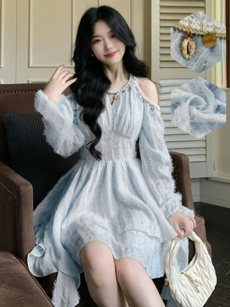 Lunivop  Women's Chic Irregular Ruffles Shell Decoration Mini Dress Autumn Winter Long Sleeve Off Shoulder Fairy Evening Sequin Vestidos