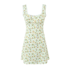 Lunivop  Sexy Satin Flower Print Spliced Lace Square Collar Mini Tank Dress Women Slim Waist A-Lined Sleeveless Short Robe Holiday