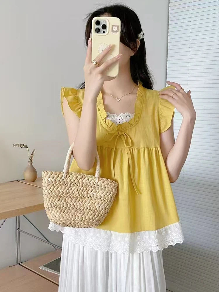 Lunivop  Sweet Lace Patchwork Tanks Women Loose Flying Sleeve Elegant Tanks Tops Vintage Casual Female Korean Summer Retro Tops New