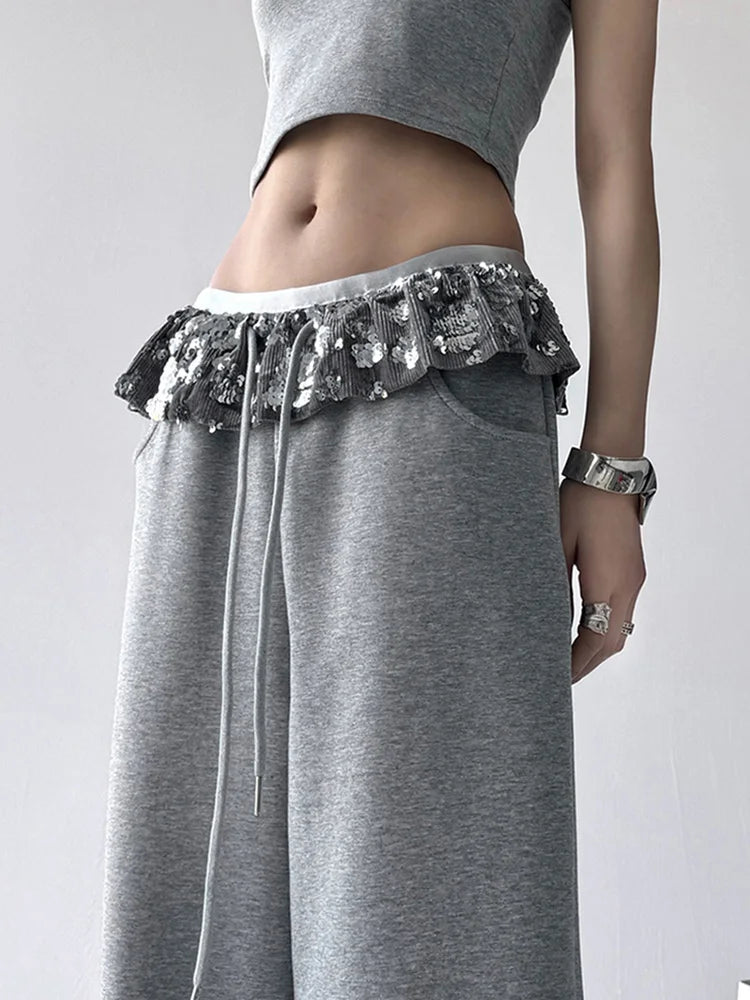 Lunivop Chic Bright Silk Patchwork Sweatpants Women Loose Streetwear High Waist Casual Pant Fashion Pockets Fall American Gray Trousers