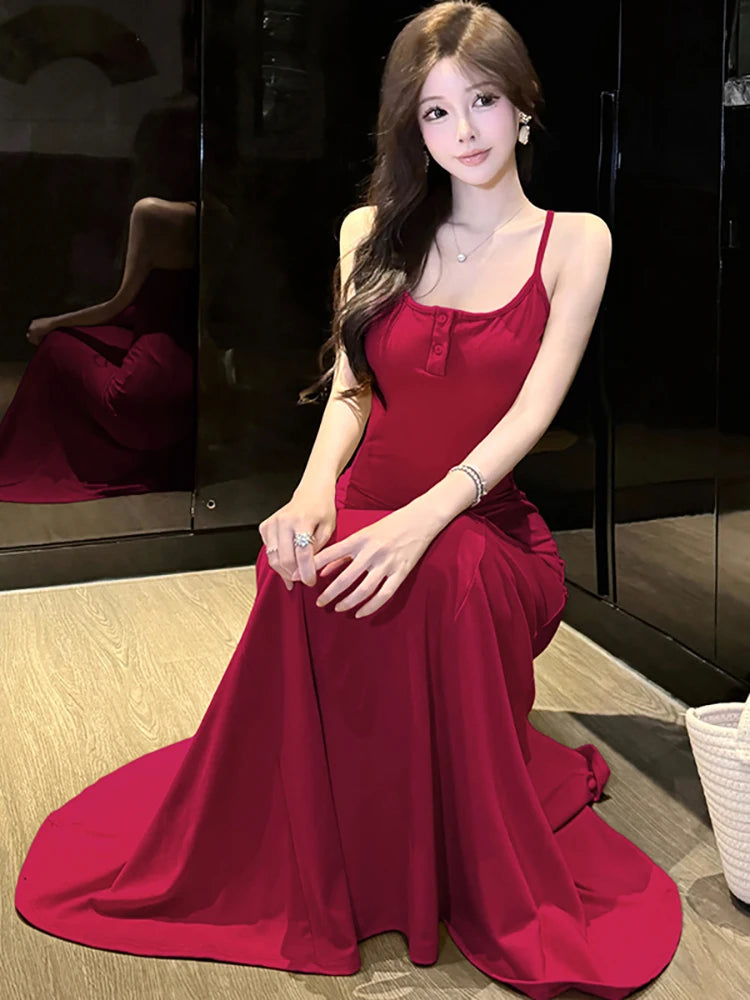 Lunivop  Summer Solid Elegant Sling Maxi Dress Women Fashion Chic Ruffled Mermaid Dress 2025 Korean Elegant Bodycon Luxury Evening Dress