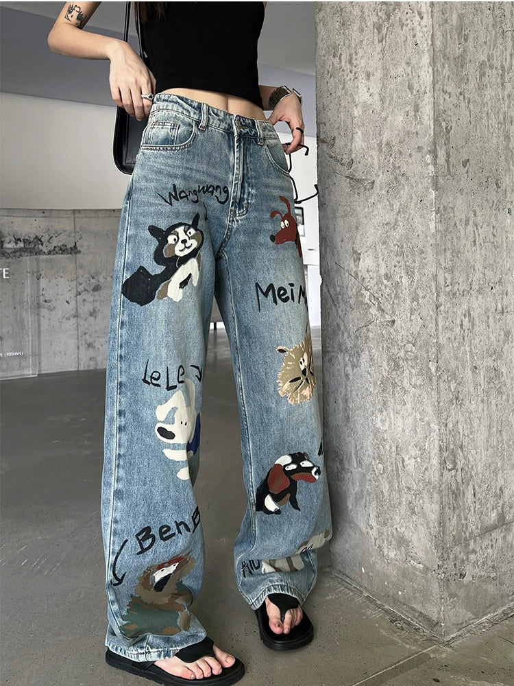 Lunivop Blue Women Jeans High Waist Fashion American Graffiti Y2K Streetwear Chic NEW Wide Leg Jean Female Trouser Baggy Denim Pants