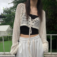 Lunivop Crochet Crop Tie Front Cardigan Women Long Sleeve Sheer OpenKnit Bolero Shrug Top Summer Beach Bikini Cover Up Y2K Outfit