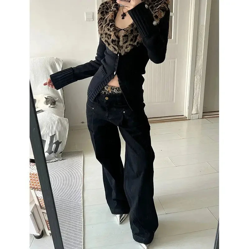 Lunivop Japanese Leopard Knitted Cardigan Sexy Vintage Y2k V-neck Sweaters Long Sleeve Autumn Winter Streetwear Slim Cardigan