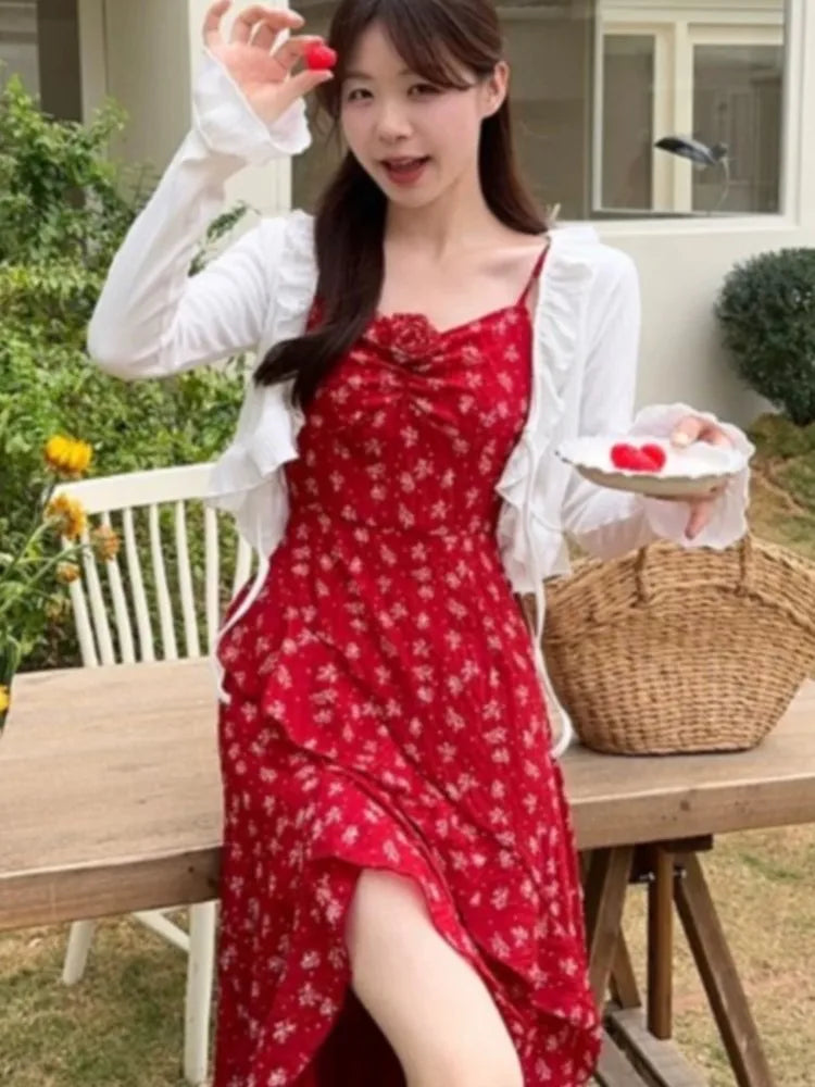 Lunivop  French Two Piece Set  Floral Printed Red Strap Camisole Dresses Summer Sweet Girl Waist Slimming Irregular Slit A-line New