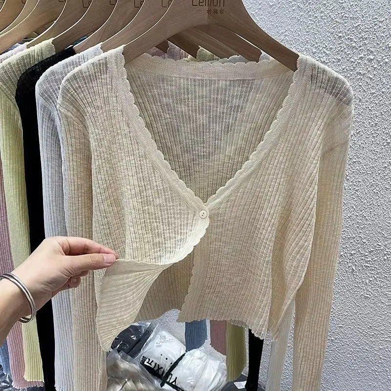 Lunivop Lightweight Sunscreen Shirt Women Crop Tops One Button Hollow Out Knit White Long Sleeve Cardigan Elegant Casual Shawl Coat