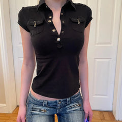 Lunivop Korean Style Turn-down Collar Crop Tops For Women 2025 Summer Slim White T Shirts Woman Buttons Tees Short Sleeve Tshirt Mujer