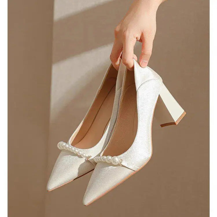 Lunivop Fashion Pointed Pearl High Heels Shoes Women White Wedding Shoes Thick High Heels Party Pumps Woman Footwear Zapatos De Mujer