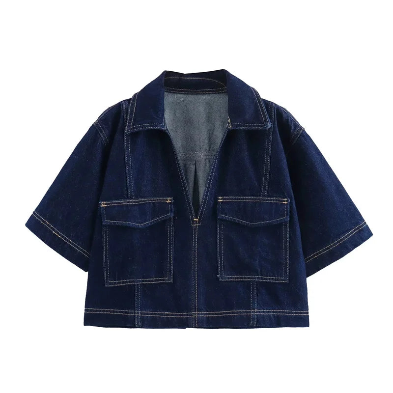 Lunivop Blue Denim Shirt Woman Short Sleeve Cropped Shirt Women Summer Short Tops Woman Streetwear Y2k Stylish Women's Blouses