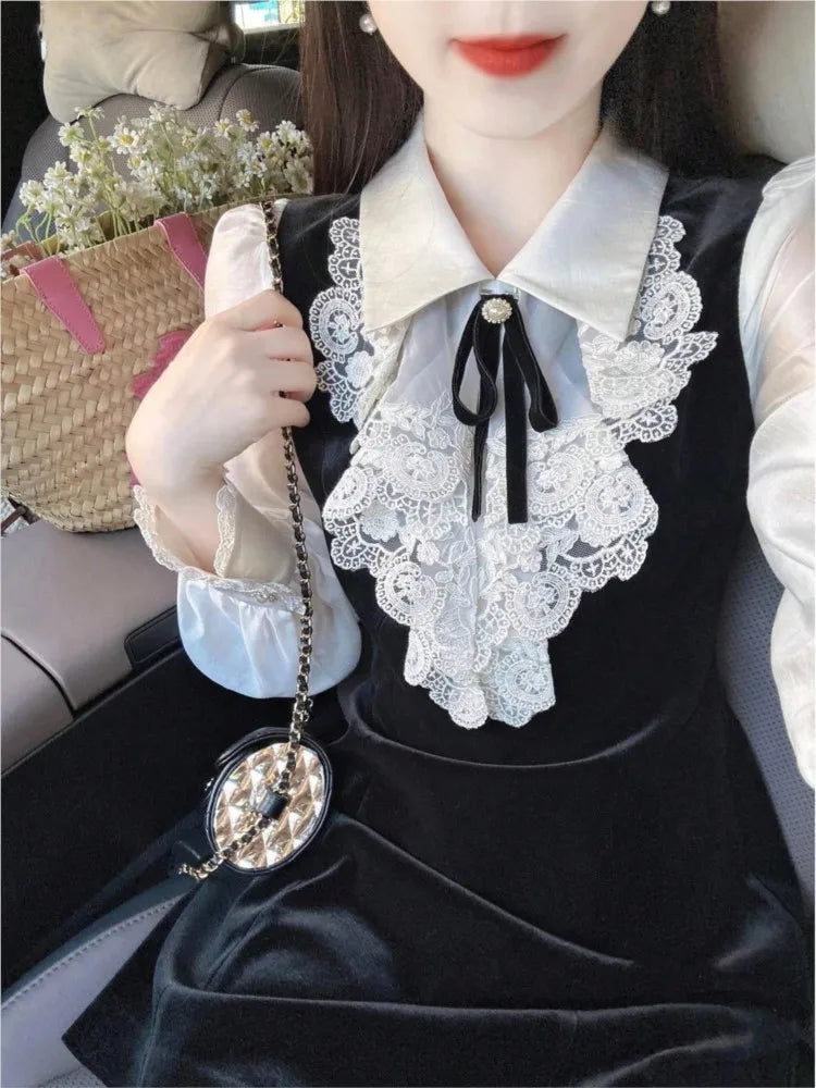 Lunivop  Elegant France Velvet Mini Dress Women's Vintage Lace Patchwork Long Sleeve Slim Vestidos Autumn Winter Birthday Party Dresses