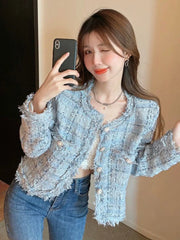 Lunivop  Zoki Chic Tassel Slim Tweed Jacket Women Casual Sweet Long Sleeve Short Coat Korean Fashion O Neck Elegant Design Plaid Tops New