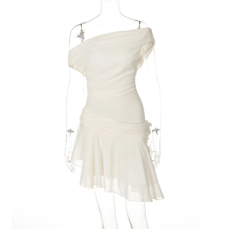 Lunivop Mesh Off The Shoulder Ruffles Short Women'S Dressess Summer Y2K Streetwear Casual Outfit Elegant Evening Party Clothes