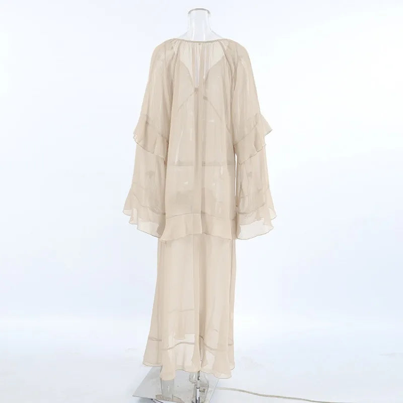 Lunivop Khaki Casual Loose Maxi Dress for Women Sexy See Through Bikini Cover Up Fashion Ruffle Long Sleeve Club Party Outfits 2024