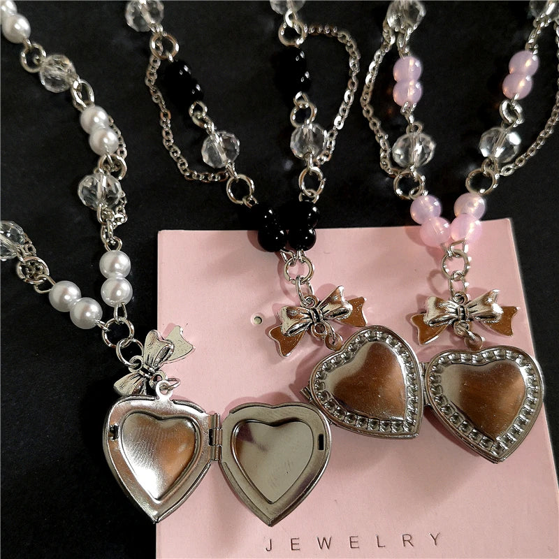 Lunivop Goth Y2K Aesthetic Heart Locket Pendant Stainless Steel Silver Color Open Photo Frame Charm Necklace For Women Neck EMO Jewelry