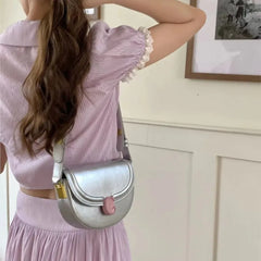 Lunivop  Hot Girl Retro Silver Saddle Bag Women Contrast Pink Buckle Large Capacity Shoulder Bag Ladies Fashion Y2k Chic Underarm Bag New