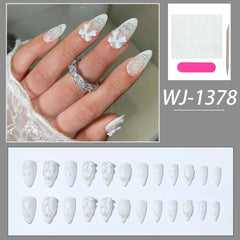 Lunivop  Get Glamorous with,24Pcs/Set Long almond Lace pattern design Press on Nails tip Bow with pearl design translucent Acrylic Fake N