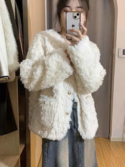 Lunivop Winter Sweet Korean Faux Lamb Coat Women Vintage Warm Thick Long Sleeve Cute Jacket Casual O Neck Pockets Elegant White Tops New