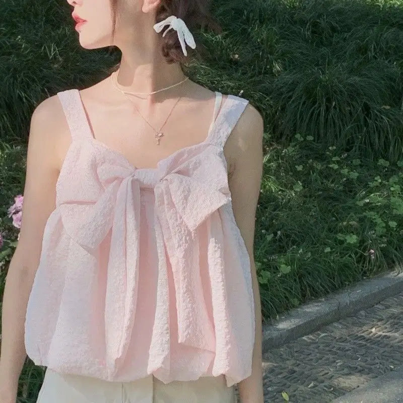 Lunivop  Pure Desire Foam Cotton Sweet Pink Summer Refreshing Sling Young Style Women Niche Bow Knot Sleeveless Loose Vintage Casual Tops