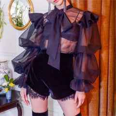 Lunivop  Women Ruffles Shoulder Lantern Sleeve Blouse Pullover Loose Tops Fashion Tie Bow Collar Perspective Shirt