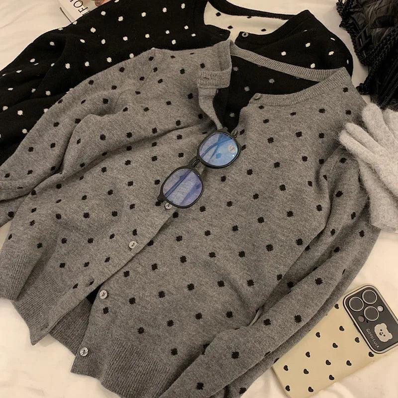 Lunivop Polka dot knitted cardigan ins women's spring and autumn new style layered design sense versatile slimming long sleeved top